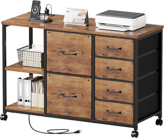 6 Drawer File Cabinet with Charging Station Rolling Printer Stand with Open Storage Shelf Fabric Lateral Filing Cabinet for Home Office,Rustic Brown2
