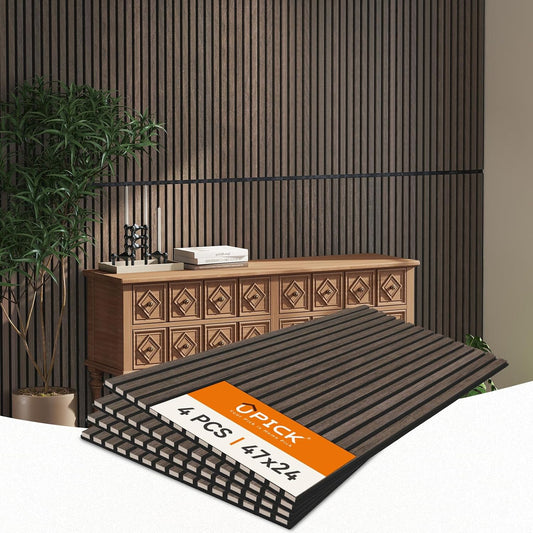 Upick MDF Acoustic Wall Panels, 4 Pack 48" x 24" 3D Slat Wood Panels for Wall, Soundproof Panels for Interior Wall Decor, Dark Walnut