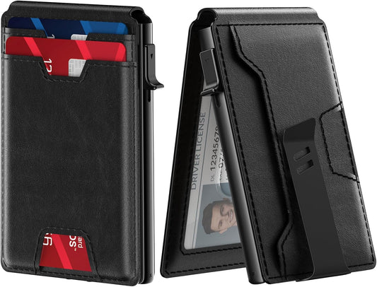 typecase Mens Wallet Card Holder: Pop Up Card Case, Genuine Leather, Smart, RFID Blocking, Slim, Minimalist, Thin, Front Pocket - 9-13 Card Capacitiy | ID Window | Money Clip (Black)