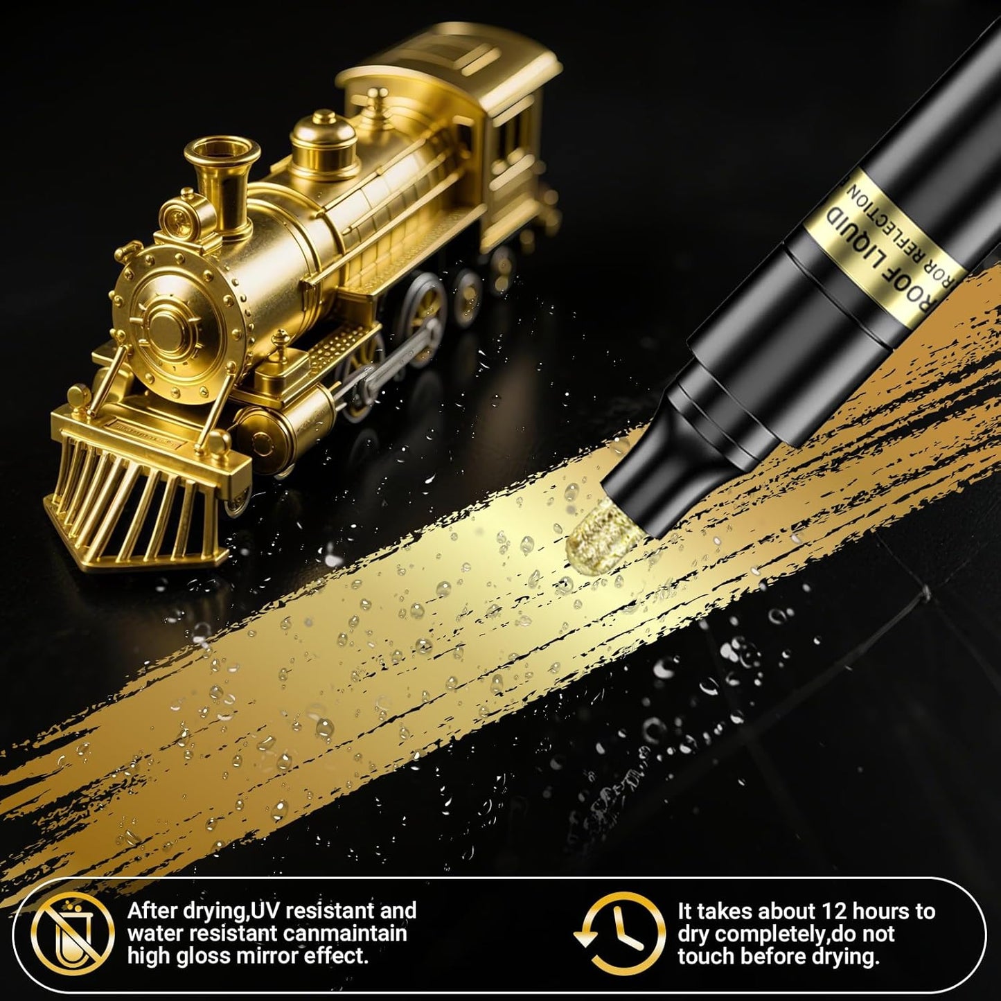 3Pcs Gold Liquid Mirror Chrome Markers, Permanent Reflective Metallic Gold Paint Pen, High Gloss Car DIY Model Painting, Touch Up Repair Kit for Plastic Metal Glass Fabric Ceremic Resins