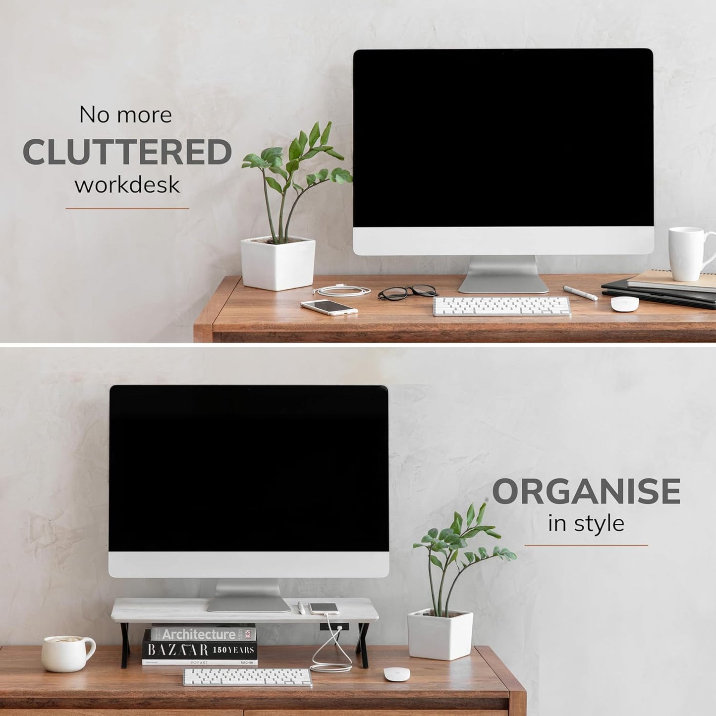 Anji Mountain Monitor Stand - Desktop Organizer & Laptop Riser, Ergonomic Monitor Riser, Space-Saving Monitor Stand for Desk, Durable Construction, Easy Assembly, Ideal for Home & Office,White Wash