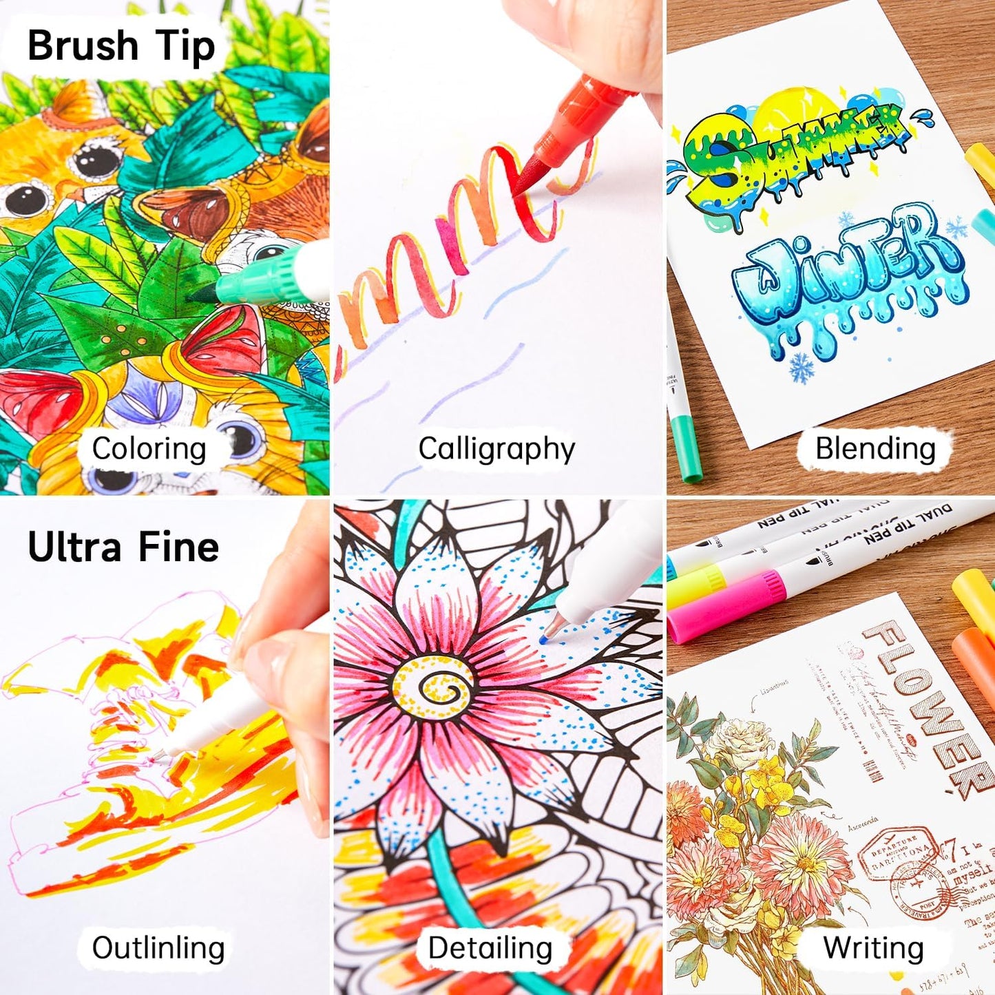 120 Colors Dual Tip Brush Marker Pens with 1 Coloring Book, Fineliner and Brush Dual Tip Markers Set, Water-based Ink Perfect for Kids Adult Artist Calligraphy Hand Lettering Journal Doodling Writing