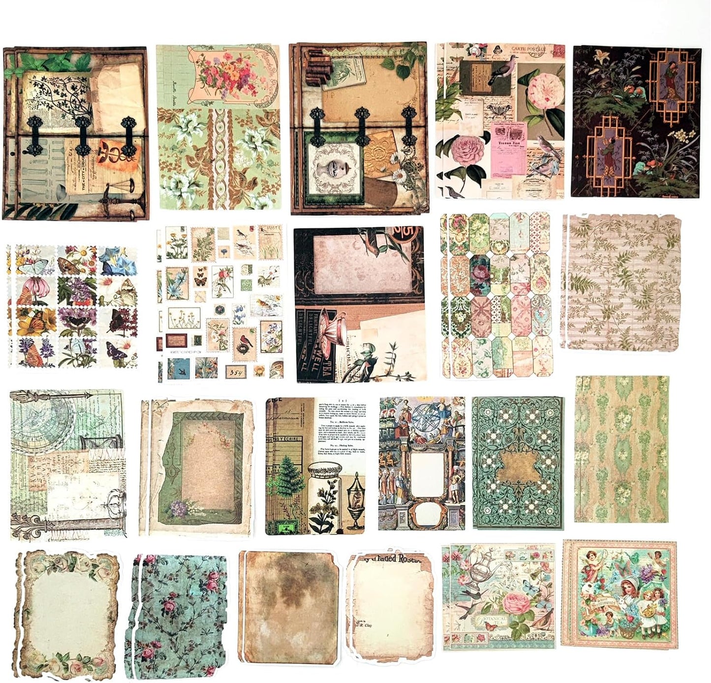 200PCS Vintage Scrapbooking Supplies Pack, Aesthetic Scrapbook Sticker Paper Art Journaling Kit for Bullet Junk Journals,Planner,Cottagecore Decor Gifts (Green Vintage Collection)