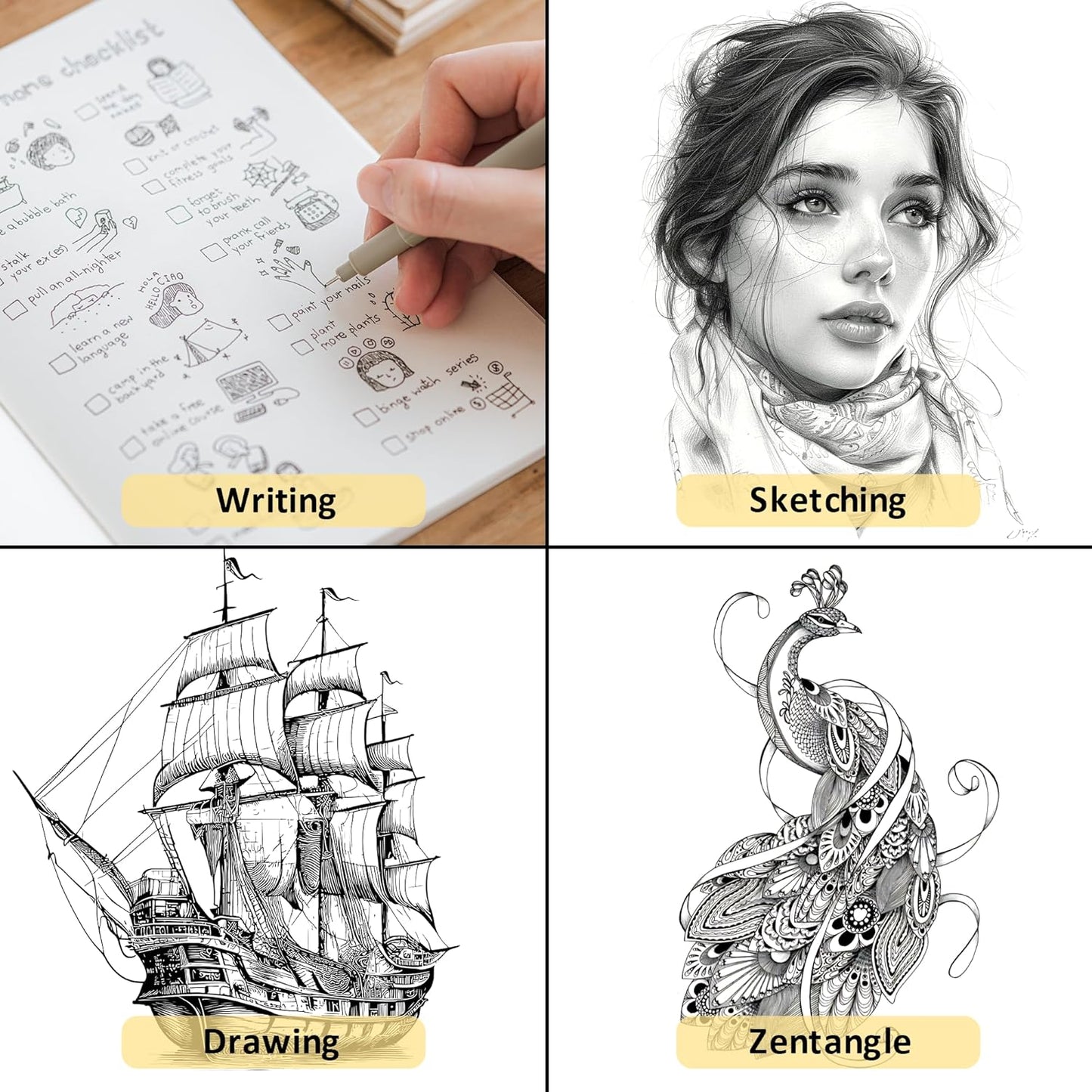 Micro Fineliner Pens 12 Size/Set, Ultra Fine Fineliner Pen, Chisel Pens, Brush Marker Pen, Water-based Black Pigment Ink, Drawing Journaling Doodle Supplies for Artists, Designers, Students