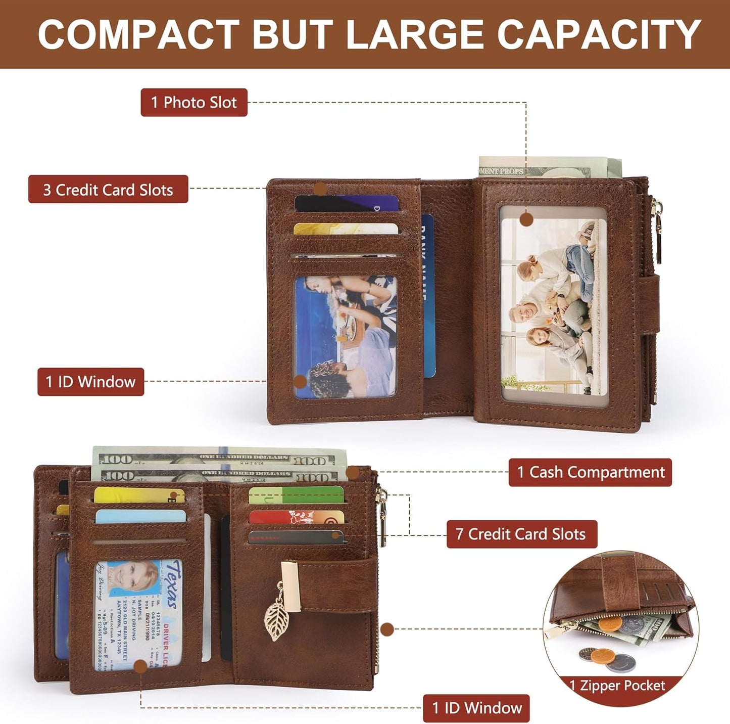 Small Wallet Women RFID Blocking Leather Bifold Wallet Credit Card Holder for Women Ladies Compact Wallet Mini Purse With Zipper Pocket