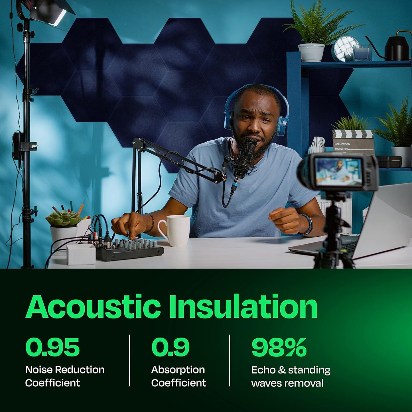 Acoustic Panels 12-Pack Soundproof Wall Panels 14"X12.1"X0.4" Sound Panels High Density Sound Dampening Panels - [Denim Blue Hexagon]