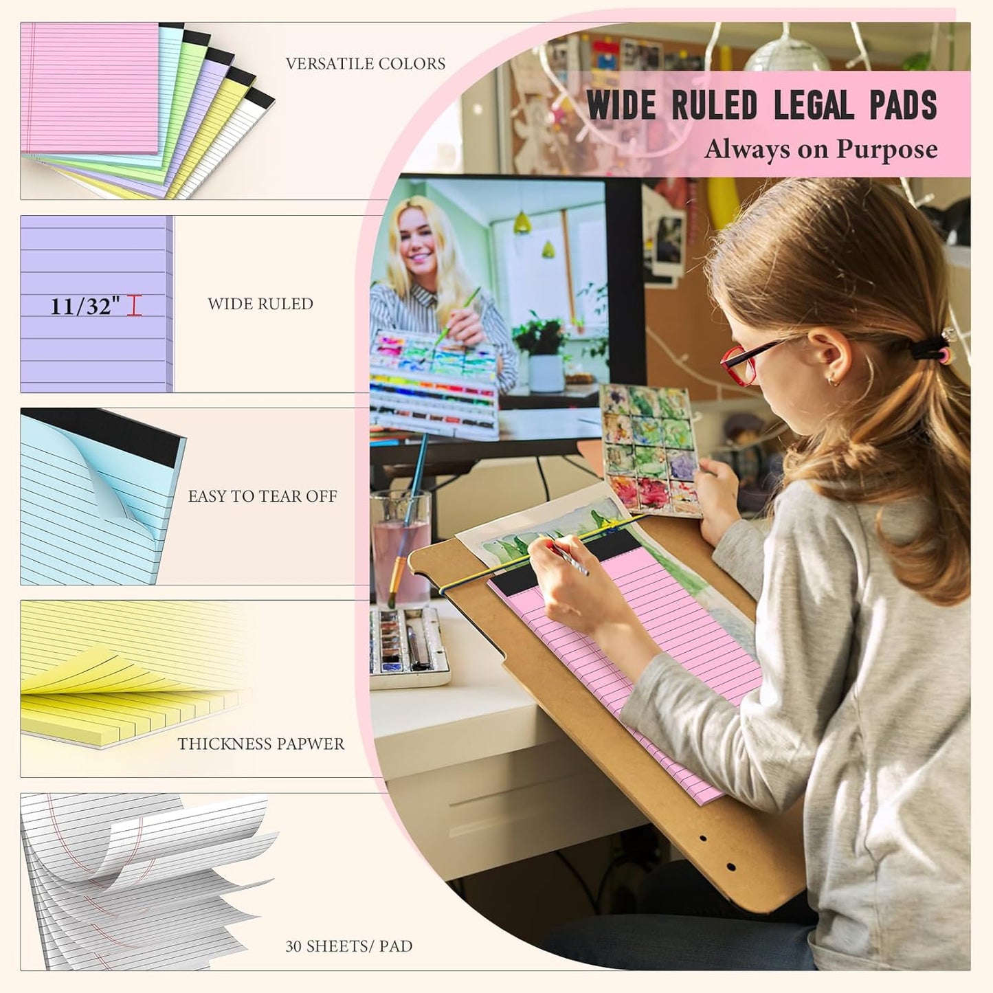 8.5 x 11 Legal Pads, Colored Legal Pads, Wide Ruled, 10 Pack Note Pads 8.5 x 11, Multicolor Perforated Note Pads with Sturdy White Back, Writing Pad,30 Sheets Per Notepad for School, Home, Office