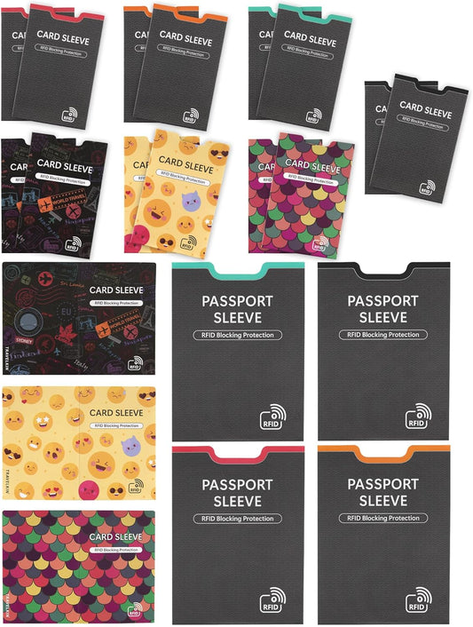 RFID Blocking Sleeves And Passport Sleeves Family-Sized (14 Card Sleeves + 4 Passport Holder + 3 Folding Card Sleeves)