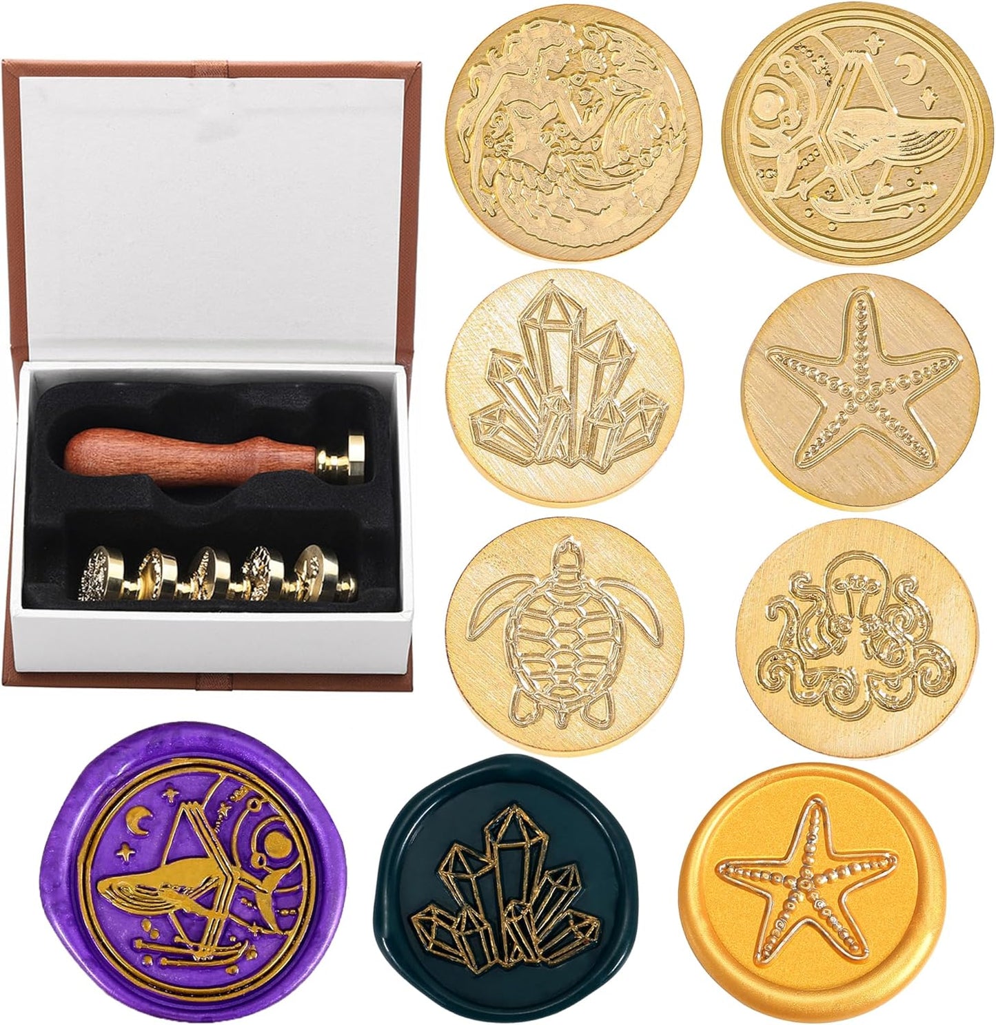 Yoption 6 Pcs Wax Seal Stamp Set, Ocean Crystal Mermaid Sealing Wax Stamps Kit, Wooden Handle with Brass Head for Wedding Christmas Invitation Gift Cards
