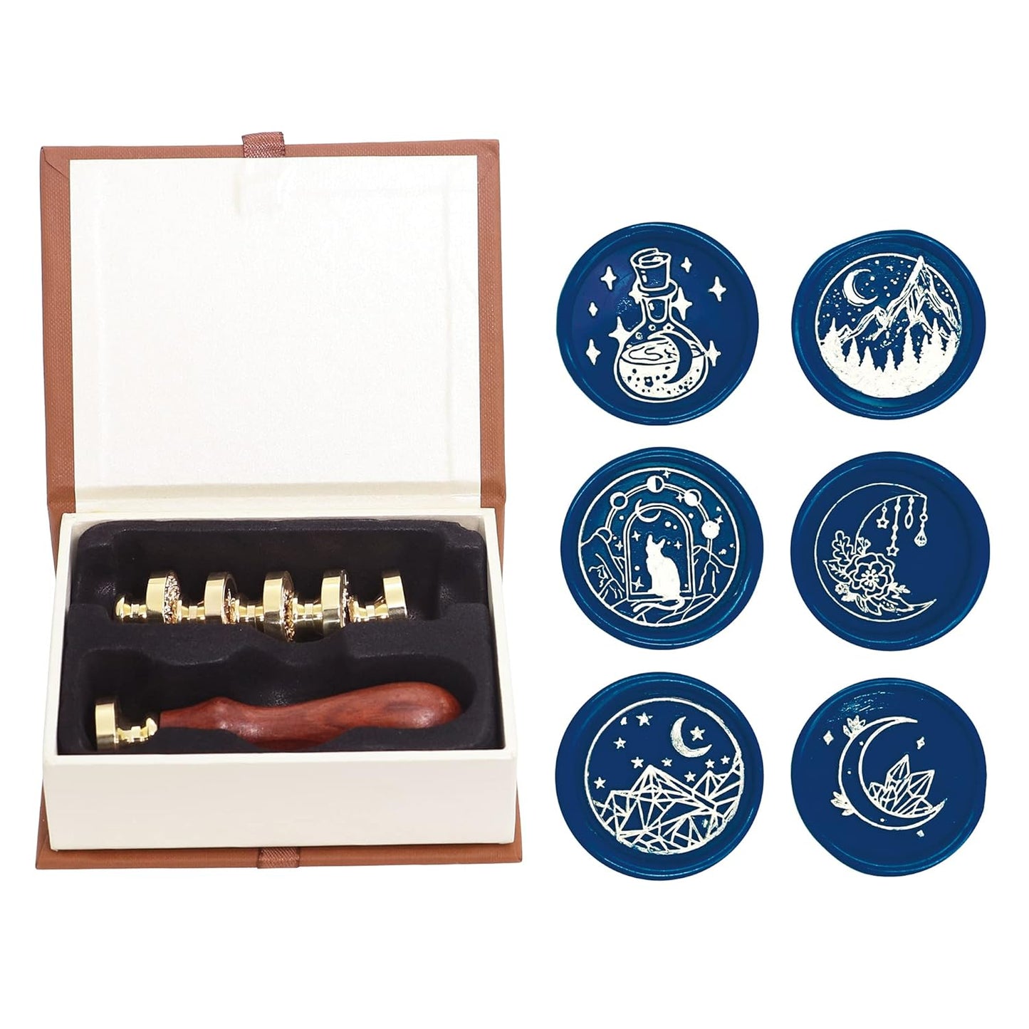 SWANGSA Wax Seal Stamp Set, Vintage 6 Pieces Moon Series Sealing Stamp Heads and 1 Wooden Handle Wax Seal Kit