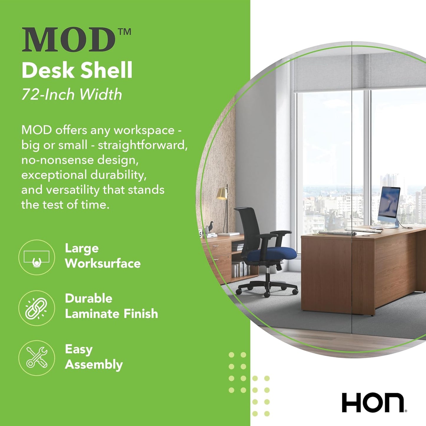 HON MOD Executive Desk 72-Inch Large Computer Desk Shell, Thick Wooden Laminate, Modern Table with Cord Management, 72" W x 30" D x 29" H, Walnut