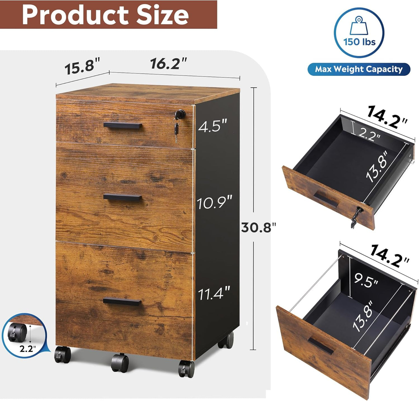 DEVAISE 3 Drawer Rolling File Cabinet with Lock, Wood Filing Cabinet fits Letter / A4 Size for Home Office, Rustic Brown