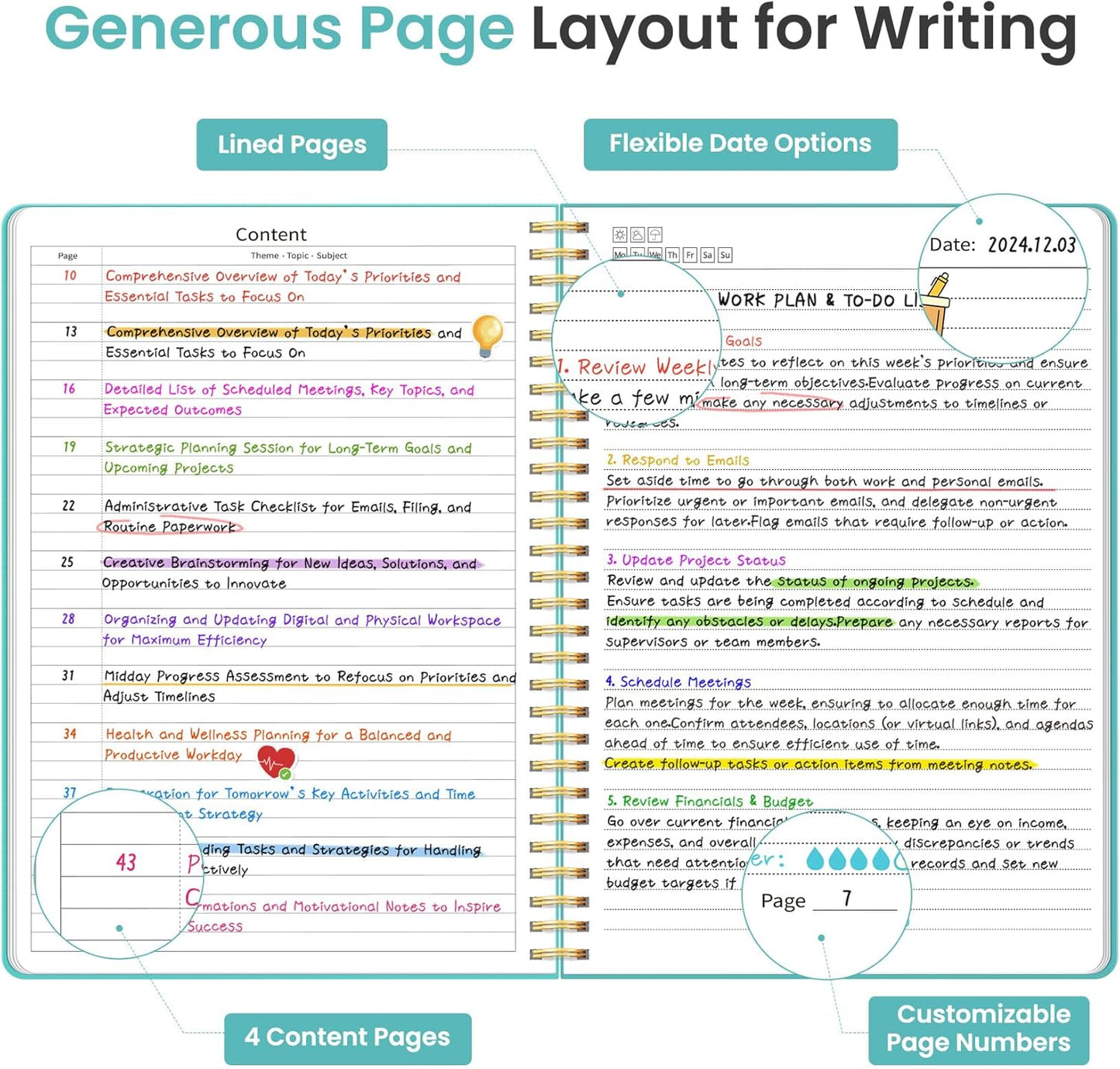 Taja Spiral Lined Notebook, 8.5"x11" Notebooks for Work, Large A4 Journal for Women & Men, College Ruled Journaling Notebook for Writing, Plastic Cover Spiral Journal, Aquamarine