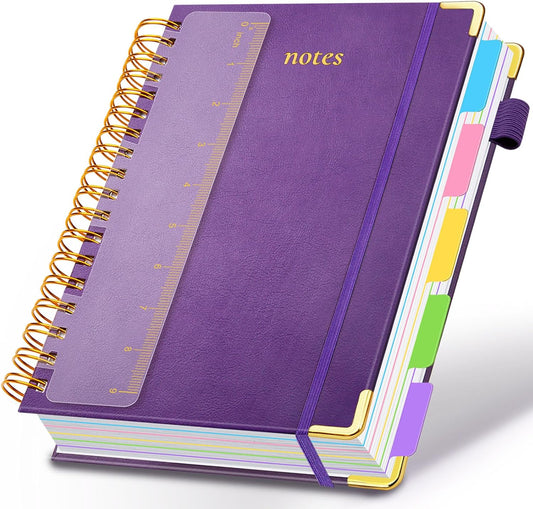 Hardcover Spiral Notebook 8"x10" Journal Notebook with Tabs and Removable Dividers 300 Pages 5 Subject Notebook College Ruled, Faux Leather Spiral Bound Notebook for Women, Students, School Work (Purple)