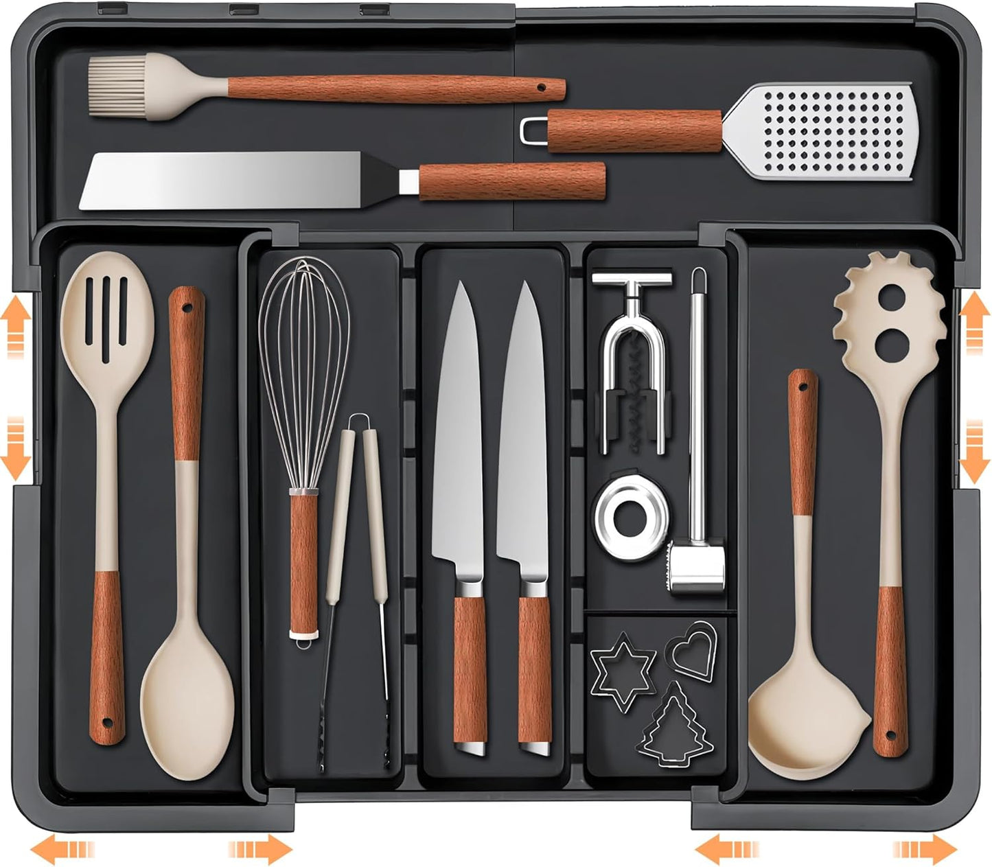 Large Utensil Drawer Organizer Expandable Silverware Organizer for Kitchen Drawer Adjustable Cooking Utensil Holder Cutlery Flatware Tray Spatula Tools Gadgets Storage Dividers Plastic Black