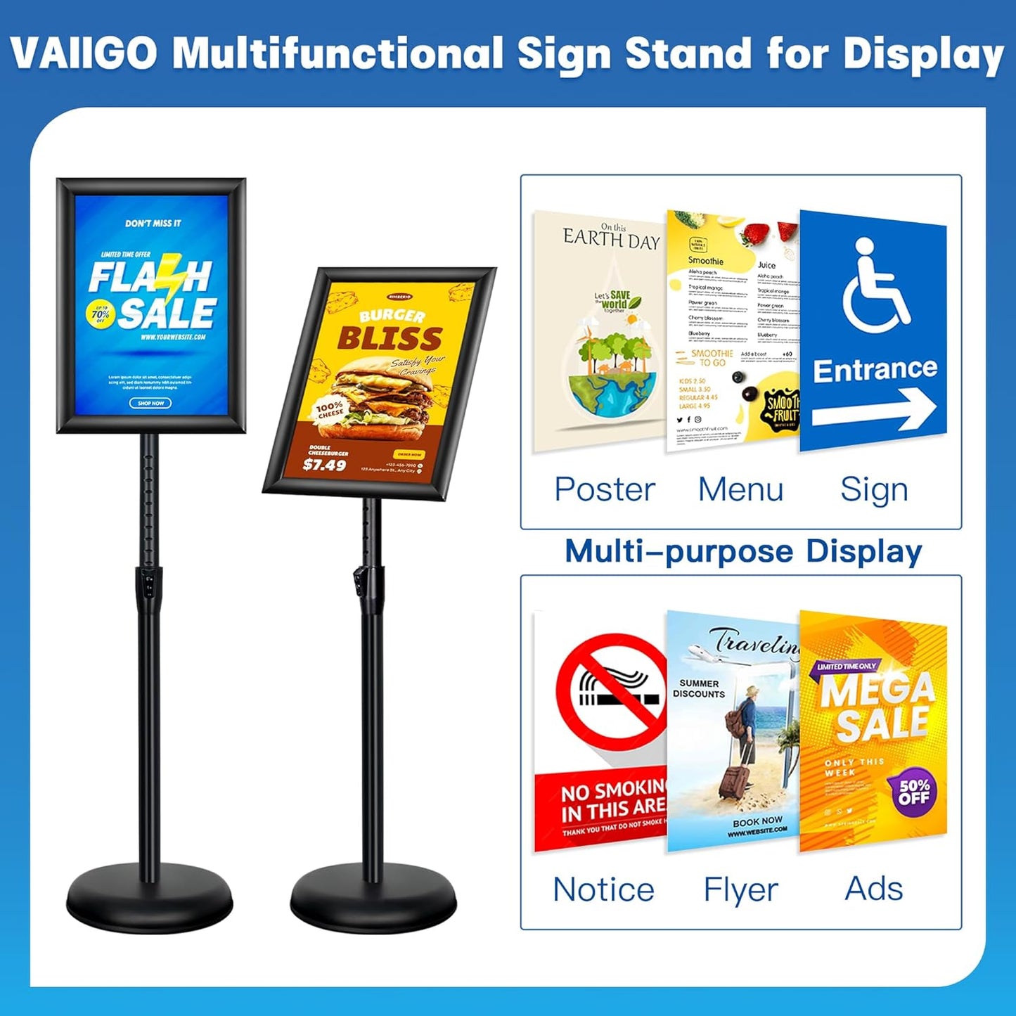 Sign Holder Stand - 8.5x11 Inch Adjustable Floor Standing Sign Stand for Display, Pedestal Poster Stand for Vertical & Horizontal View, Indoor & Outdoor Use for Business & Store - Black