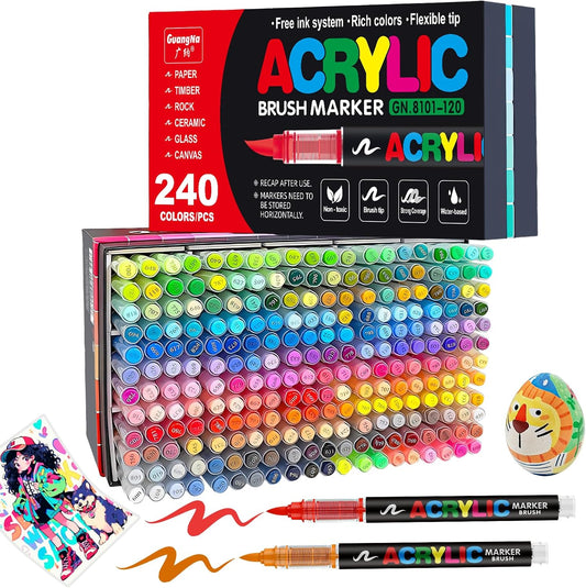 JRQ 240 Colors Acrylic Paint Markers, Brush Tip Acrylic Paint Pens for Wood Rock Glass Canvas Stone Fabric Glass Metal Ceramic Canvas DIY Crafts Art Supplies Kids Gifts