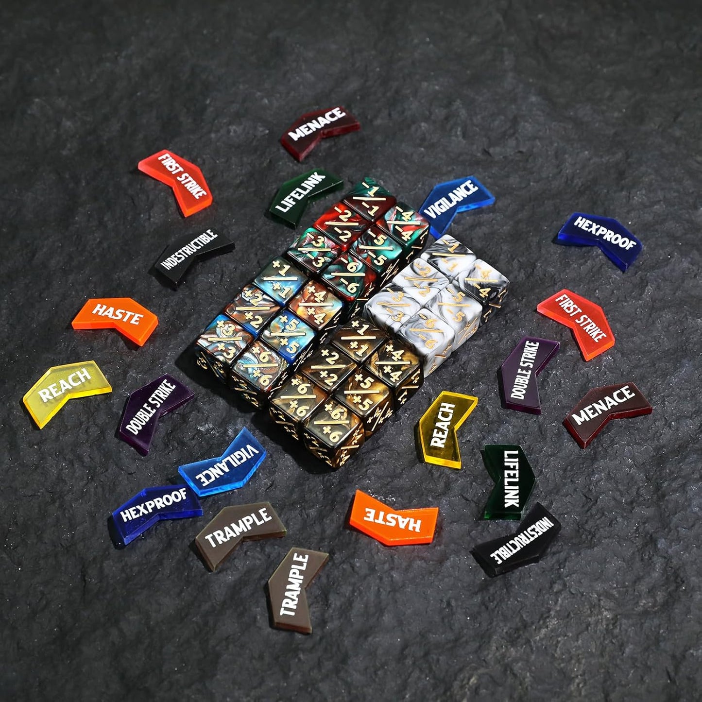 48PCS 12mm MTG Dice Counters & Tokens for Magic The Gatering, MTG Abilities Keyword Buff Tokens Plus 1 Life Counters Loyalty Dice, Compatible with TCG CCG Magic Card Gaming Accessories