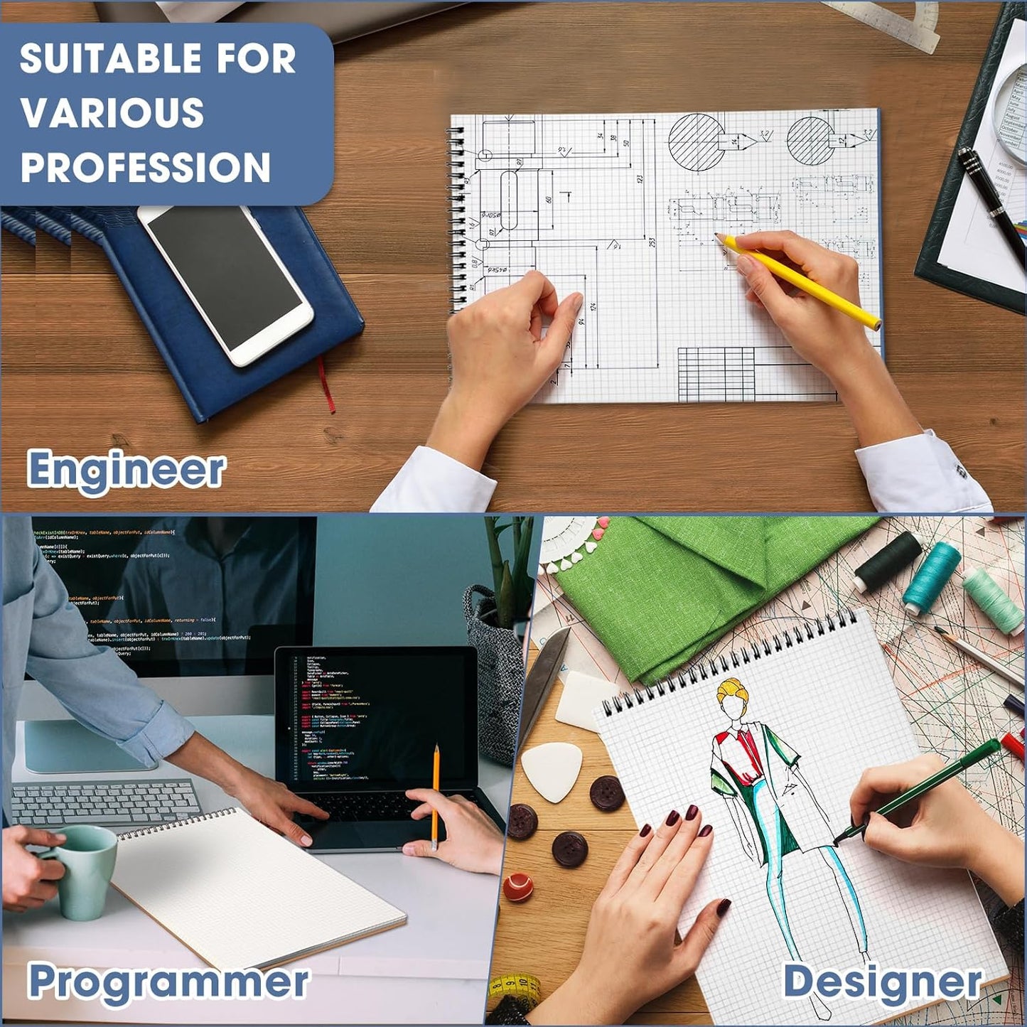 Top Spiral Graph Paper Notebooks 8.7 X11.4 Inch A4 Grid Paper Notepad 70 Sheet Memo Steno Pad for Engineering Writing Sketching Drawing School Office Supplies (Dark Blue,1 Pack)