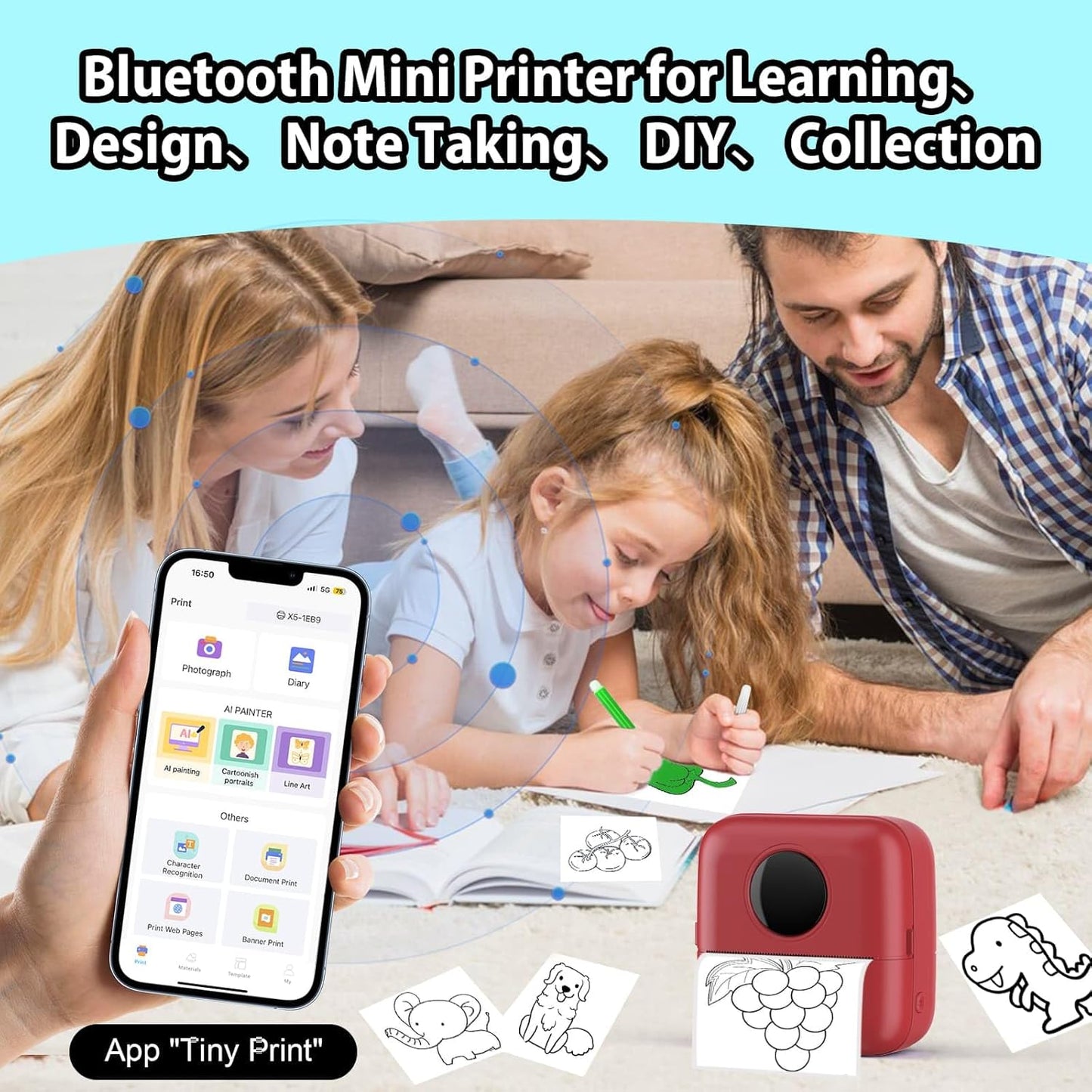 HuiJuKeJi Mini Sticker Printer Bluetooth Smart Pocket Inkless Thermal Printer with 11 Rolls Thermal Paper and Sticker for iOS&Android, Portable Receipt Printer for Photo Note Memo (Brown red)