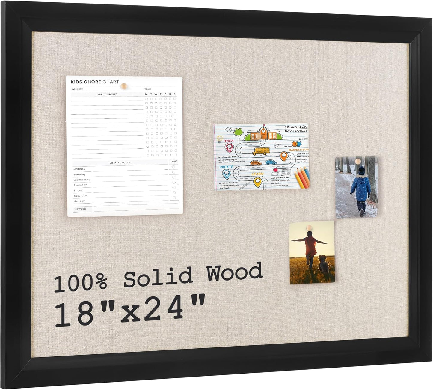 Bulletin Board Cork Board with Linen, 100% Wood Framed 18" x 24" Bulletin Board Decorations, Pin Boards for Walls, Wall Mounted Fabric Picture Board with 10 Pushpins for School, Home & Office, Black
