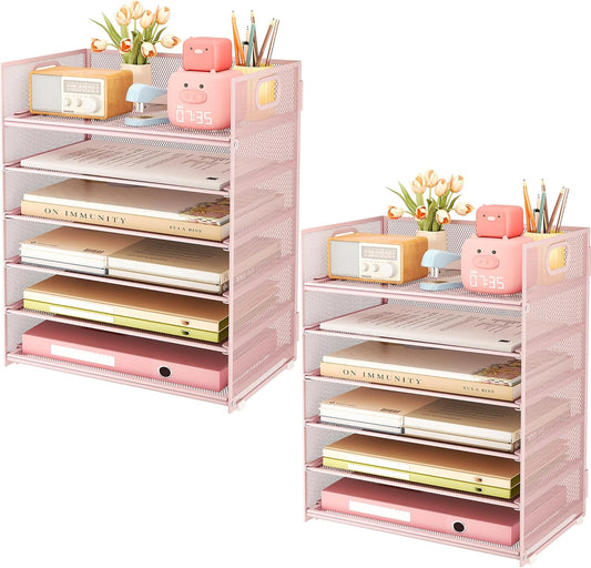 Subekyu 6-Tier Desk Paper Organizer, Desktop File Letter Tray with Handle, Document Sorter and Accessories Holder for Office, Home and School Workspace Organizers, Pink-2 Pack