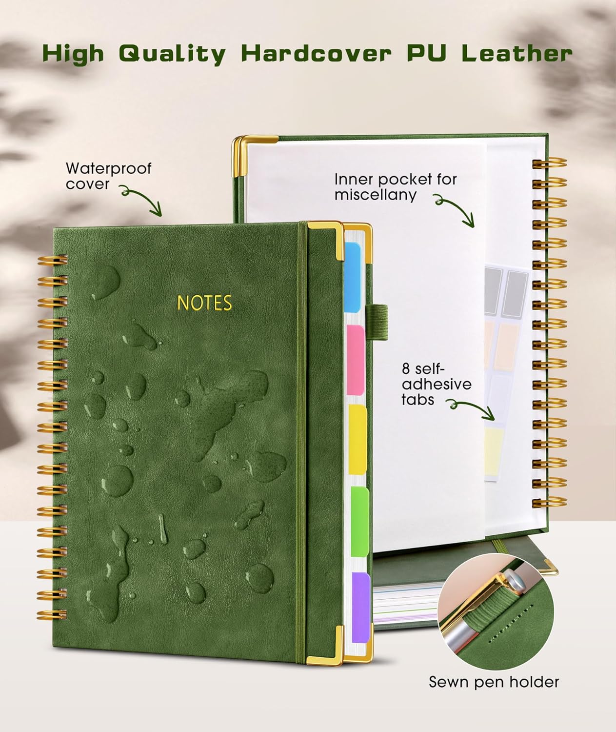 Hardcover Spiral Notebook journal with Removable Dividers Tabs, 300 Pages Leather 5 Subject Notebook College Ruled, 8"x10" Large B5 Notebooks for Work School Note taking, Lined Journal for Women,Green