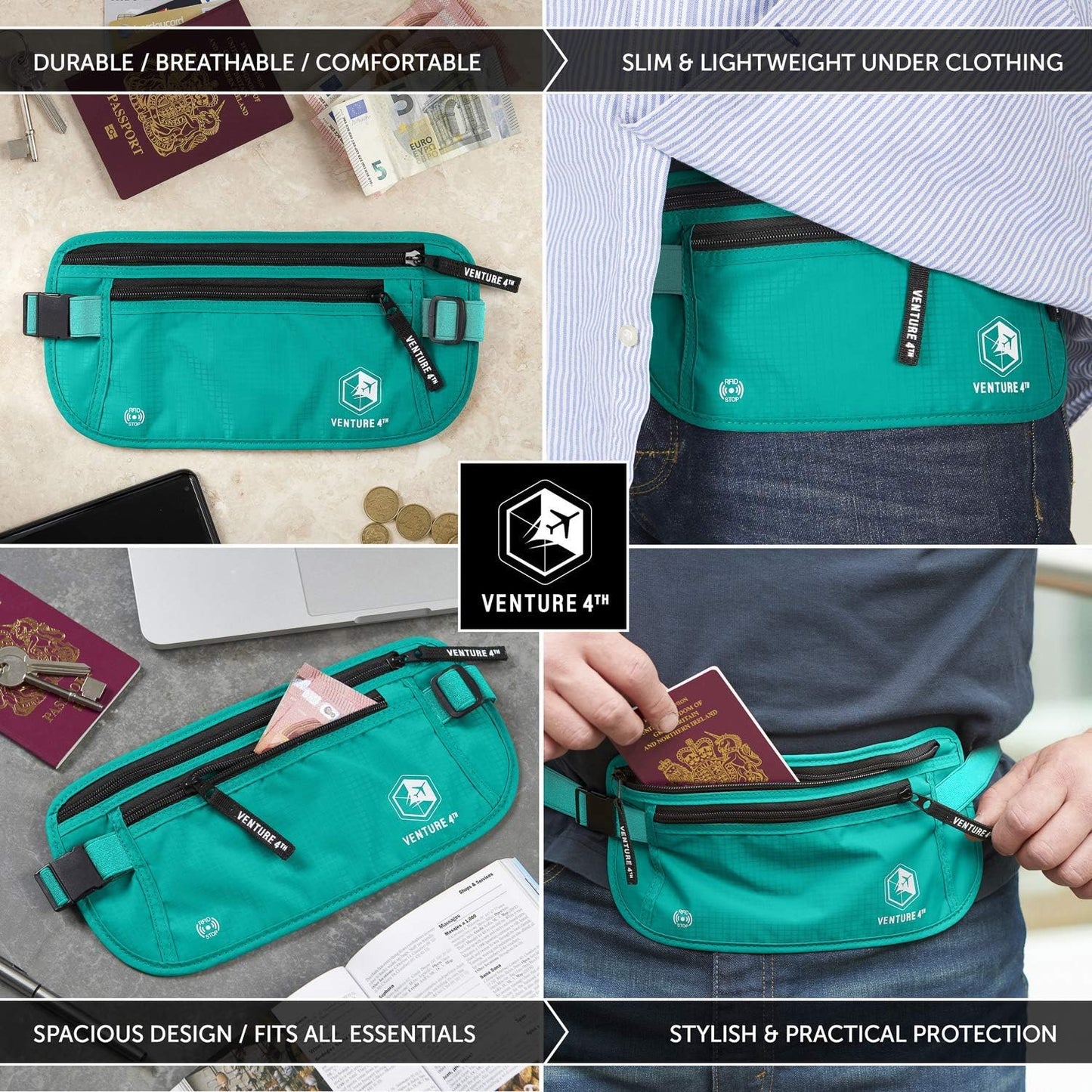 VENTURE 4TH Travel Money Belt - Slim Passport Holder RFID Blocking Travel Pouch to Protect Cash, Credit Cards and Travel Documents (Turquoise)