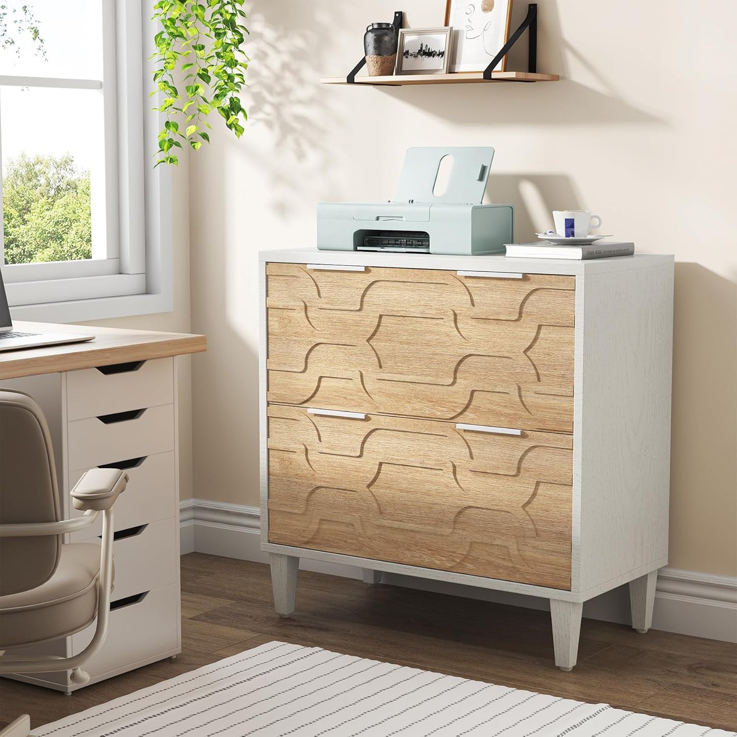 LITTLE TREE 2-Drawer File Cabinet, Lateral Filing Cabinet for A4/Letter/Legal Size, Office Storage Cabinet, Printer Stand with Storage Drawer for Home Office, Wood & White