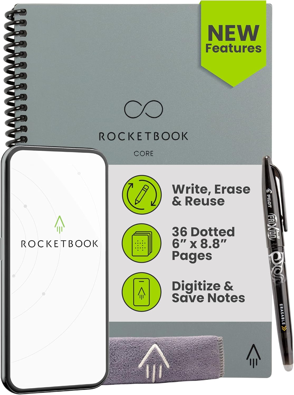 Rocketbook New Core Reusable Spiral Notebook, Executive Size 6x8.8, Gray - Dotted Pages, App-Connected, Erasable, Durable Cover, Ideal for School, Work, and Creative Projects