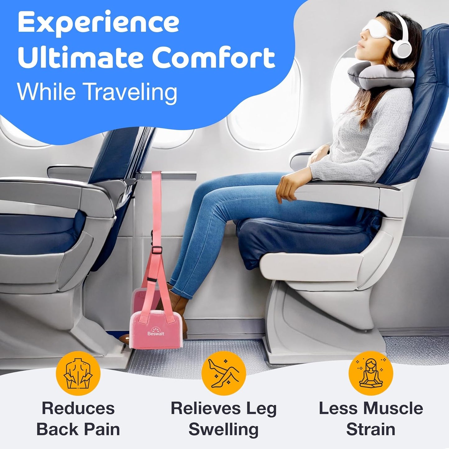 Portable Airplane Foot Hammock for Plane Travel with Memory Foam & Hardboard for No Feet or Leg Clashing - Long Flight Air Travel Essentials to Relax Feet Rest Flying Overseas by Beswalt (Pink)