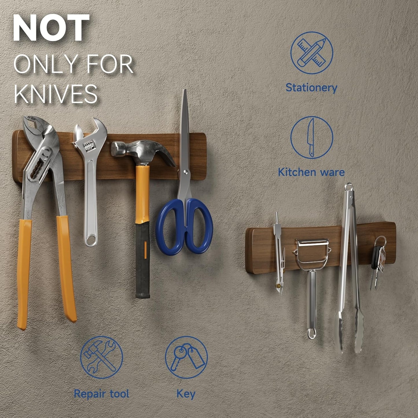 Magnetic Knife Holder for Wall, Acacia Wood Knife Magnetic Strip No Drill Knife Magnet Storage Bar Magnetic Tool Key Holder Strip for Kitchen Utensil Organizer (Dark Brown, 10 Inch)