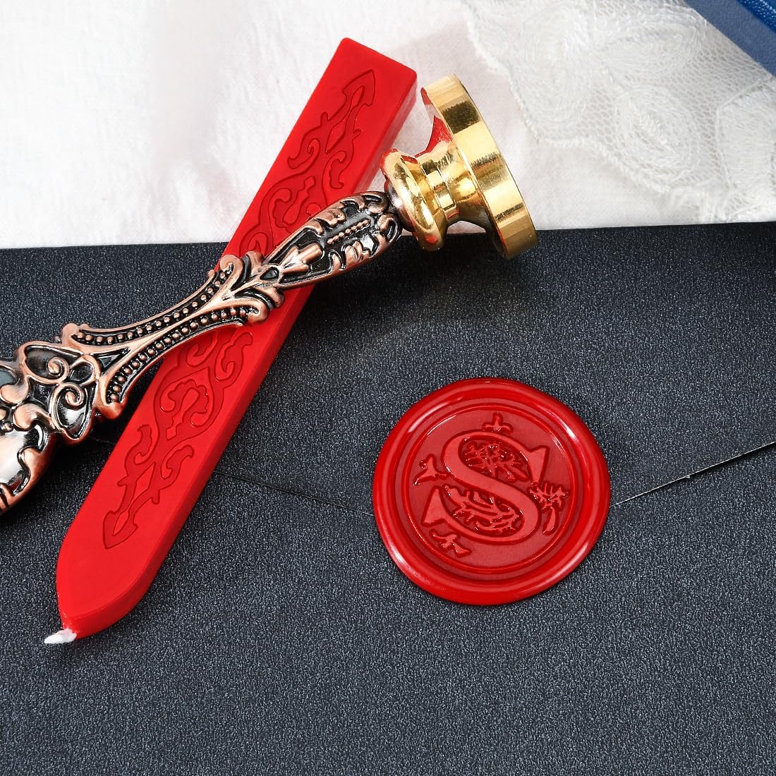Wax Seal Stamp kit, Envelope Wax Seals DIY Kit - Retro Sealing Wax Candle + Classic Initial Alphabet Seal Wax Seal Stamp Letter S - in Blue Gift Box