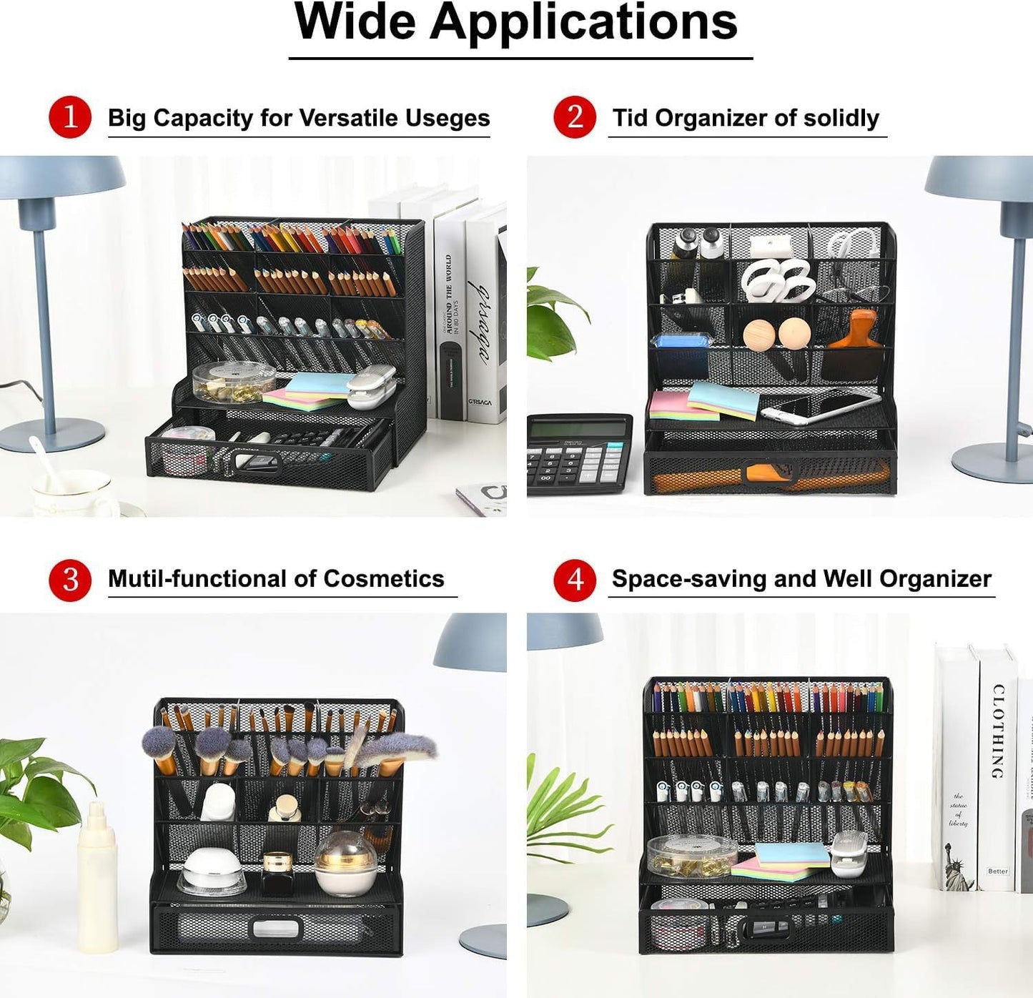 Marbrasse Mesh Pen Holder for Desk, Multi-Functional Pencil Organizer with Drawer, Desk Organizers and Accessories for Office Art Supplies (Large Black)