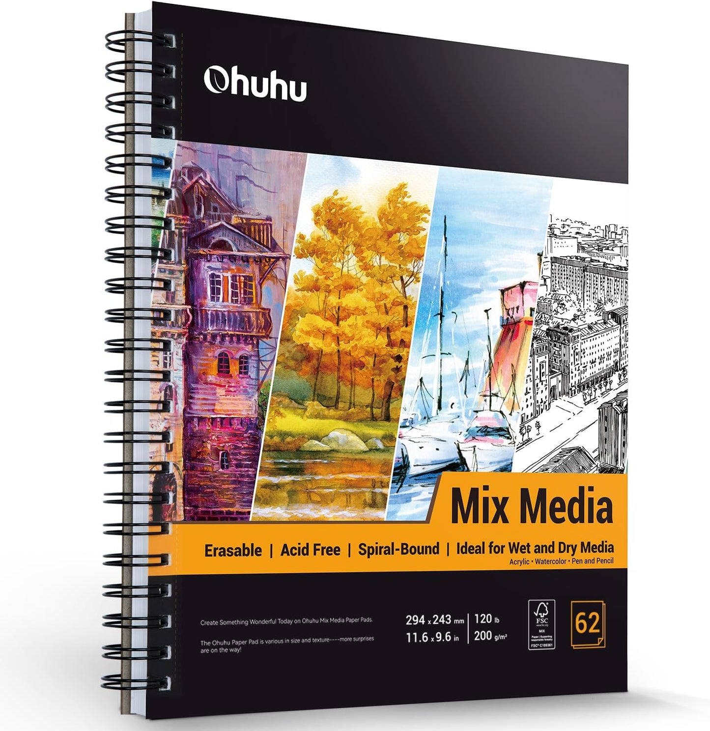 Mix Media Pad, Ohuhu Mixed Media Art Sketchbook, 120 LB/200 GSM Heavyweight Papers, 62 Sheets/124 Pages, Spiral Bound Mixed Media Paper Pad for Christmas Gift