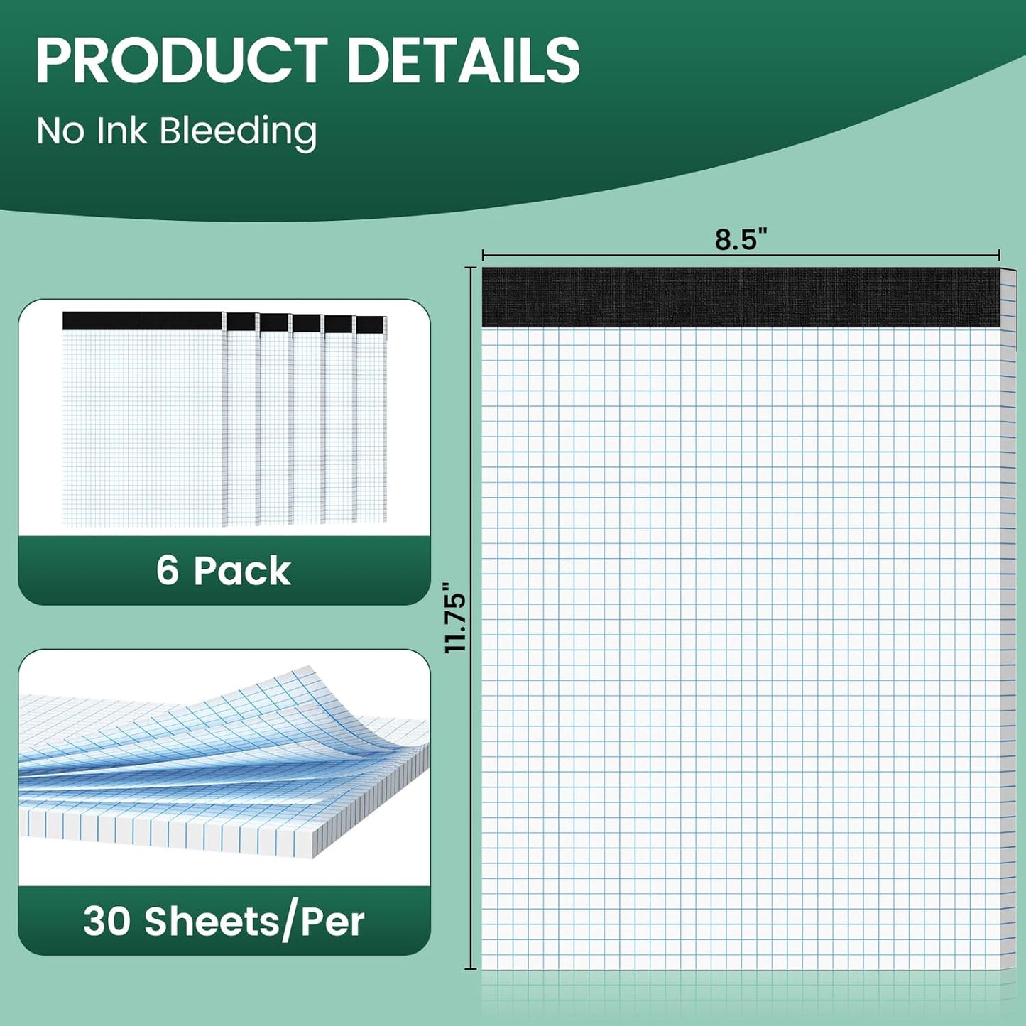 Graph Paper 8.5 X 11, 6 Pack, 4x4 Quad Ruled, Grid Paper Pad 8-1/2" X 11", Grid Pad 8.5 X 11.75, Engineering Notebook, Easy Tears Off, White 70 GSM Graft Paper