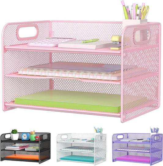 Samstar 3 Tier Pink Letter Tray Paper Organizer with Handle, Mesh Desk Organizer Paper Sorter File Rack Shelves, Pink