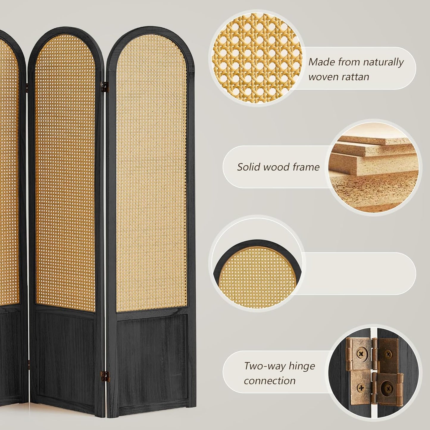 6 Panel Rattan Room Divier, Room Divider Panel and Folding Privacy Screens, Room Divider Wall, Solid Wood Frame, Partition Room Dividers, Bedroom, Lounge, Black