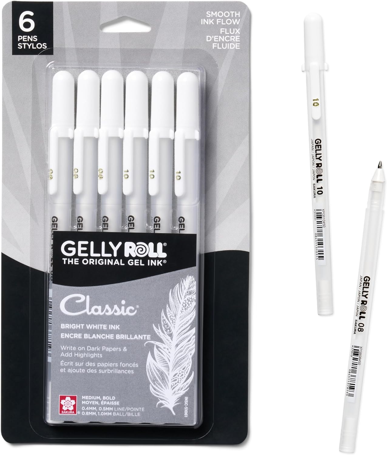 SAKURA Gelly Roll Gel Pens - Medium & Bold Tip Ink Pens for Journaling, Art, or Drawing - Classic White Ink - 08/10 Assorted Tip Sizes - 6 Pack