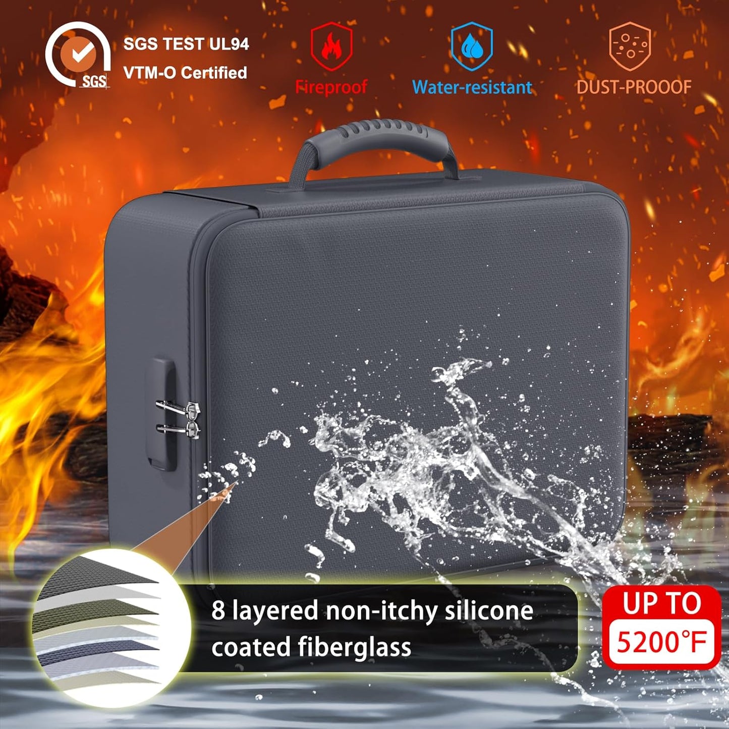 ENGPOW 5200°F Fireproof Document Bag with Lock, Upgraded Heat Insulated Fireproof＆Waterproof Box 8 Layers Document Organizer, Portable Home Travel Safe Storage Box for Important Files, Laptop, Gray