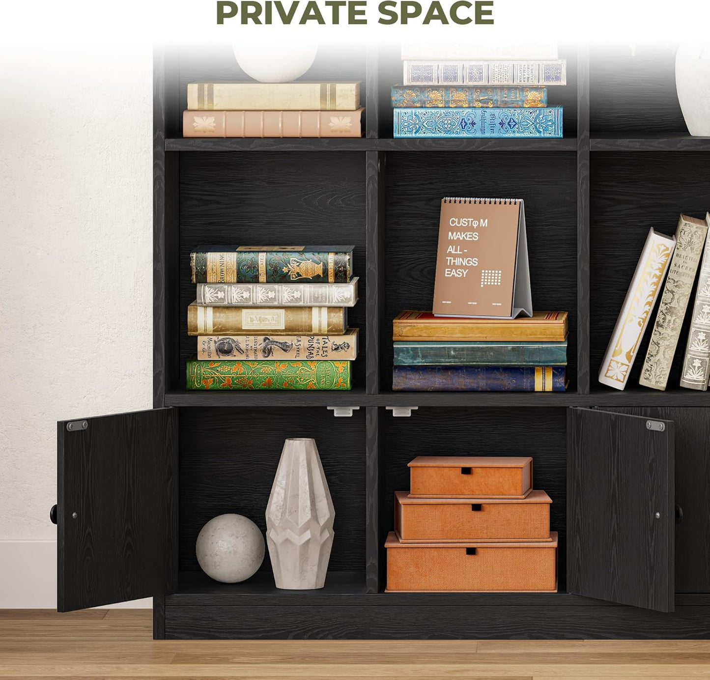 IRONCK Bookshelves and Bookcase, 6 Tiers Large Bookshelf with 4 Doors, Floor Standing Tall Display Storage Shelves for Home Office, Living Room, Bedroom, Black