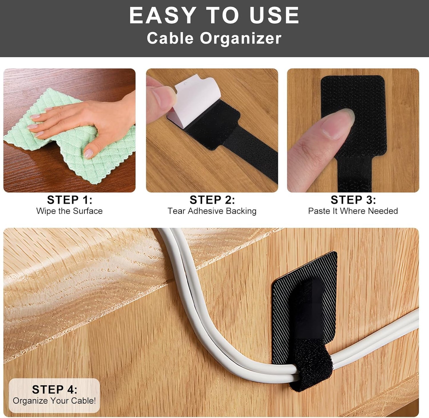 50-Pack Reusable Self-Adhesive Cable Ties Cable Management Adjustable Hook & Loop Straps for Organizing Data Cables, Wires, Headphones Under-Table Cord Management for Home, Office