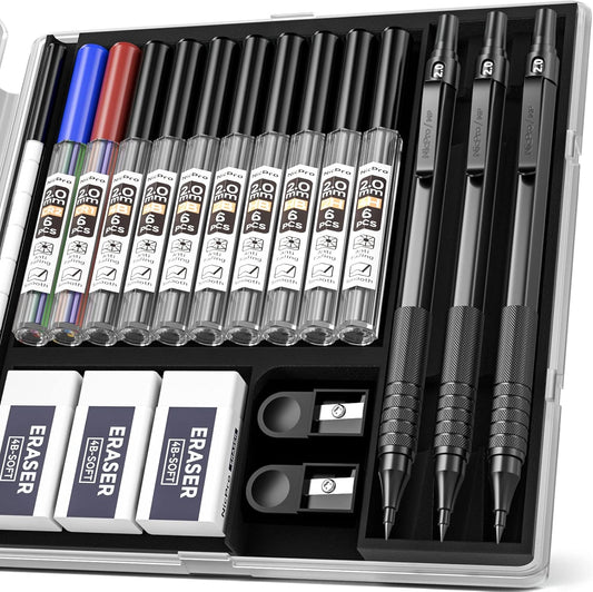 Nicpro Black Metal 2.0 Mechanical Pencil Set with Case, 3 PCS Drafting Lead Holder with 2mm Graphite Lead Refill (HB 2H 4H 2B 4B) & Colors, Sharpeners, Erasers for Artist Writing, Drawing, Sketching