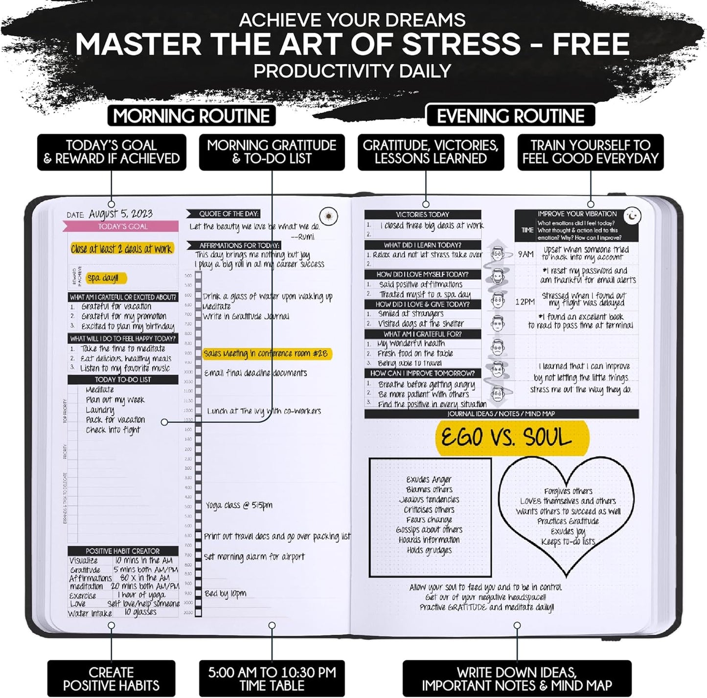 ADHD Planner for Adults - 5 Minute Gratitude & Manifestation Journal | 90-Day Undated Daily Planner for Positivity, Affirmations & Self Care | Guided Mindfulness, Reflection | Vision Board + Stickers