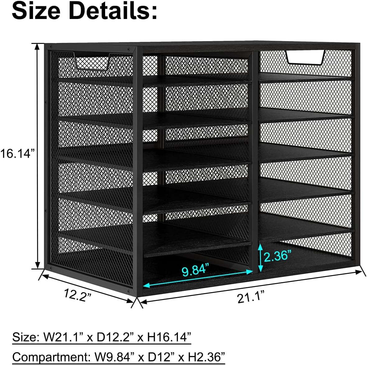 PAG Mass Mail Holder, Adjustable Countertop Literature Organizer, Student Mailbox, Desktop Bill Paper Organizer, 12 Compartments, Black