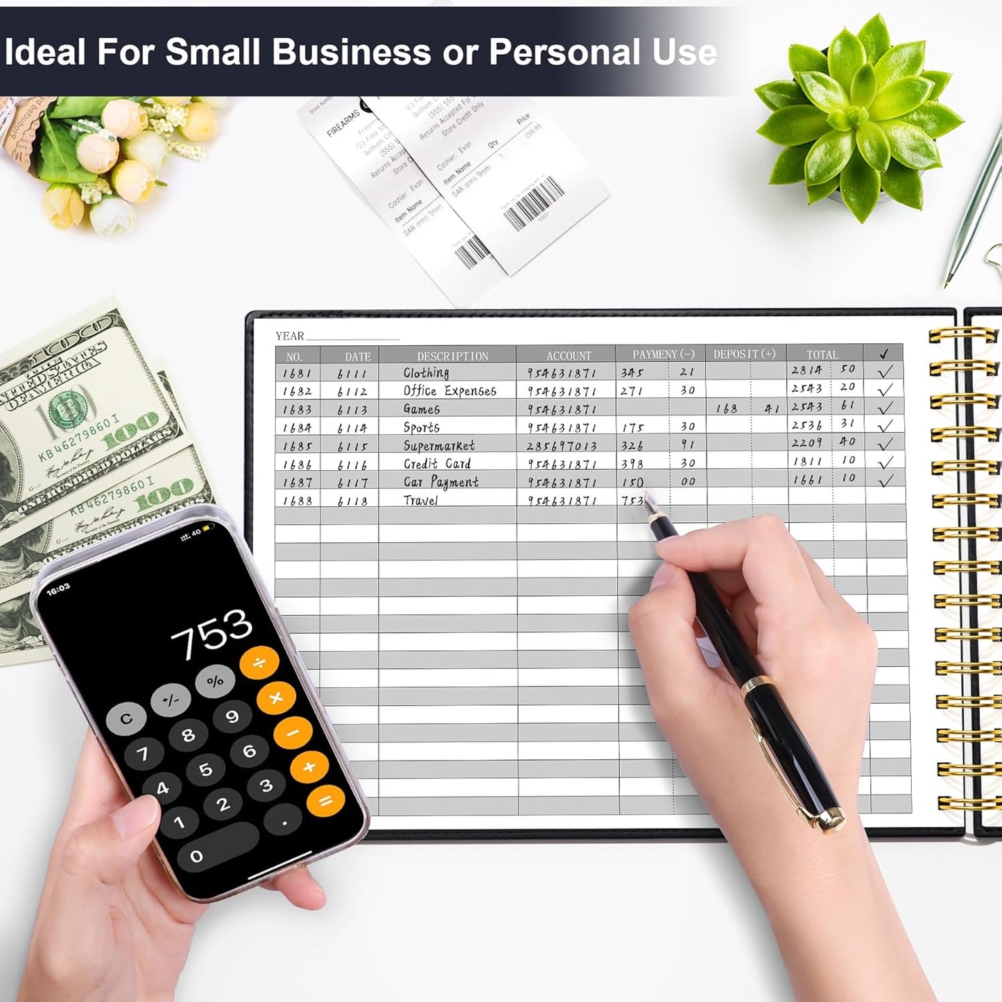 HAUTOCO Hardcover Accounting Ledger Book for Small Business Bookkeeping Horizontal Money Expense Tracker Notebook with 2 Storage Pouch, Personal Columnar Log Journal 10.78 x 8'', Black