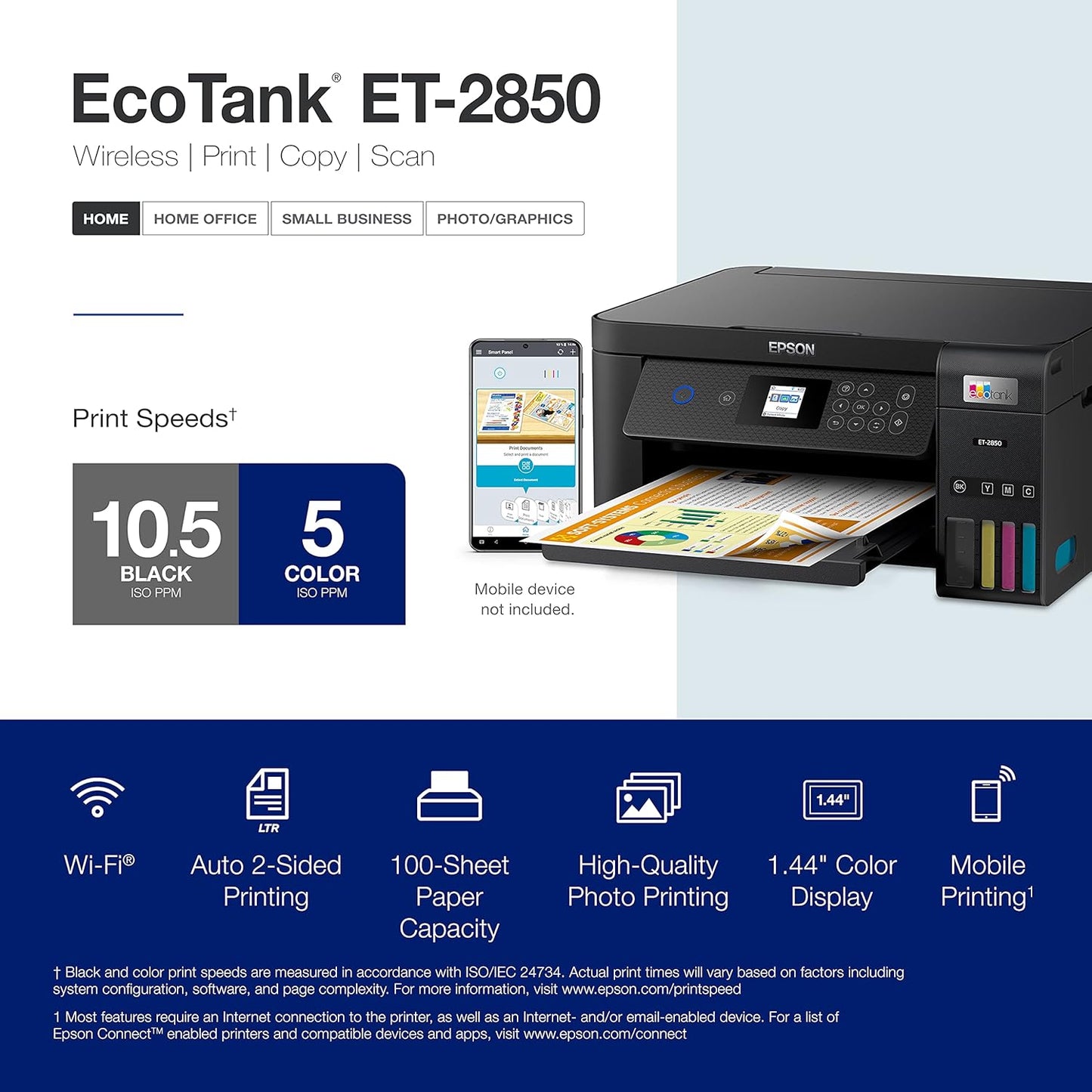 Epson EcoTank ET-2850 Wireless Color All-in-One Cartridge-Free Supertank Printer with Scan, Copy and Auto 2-Sided Printing - Black, Medium