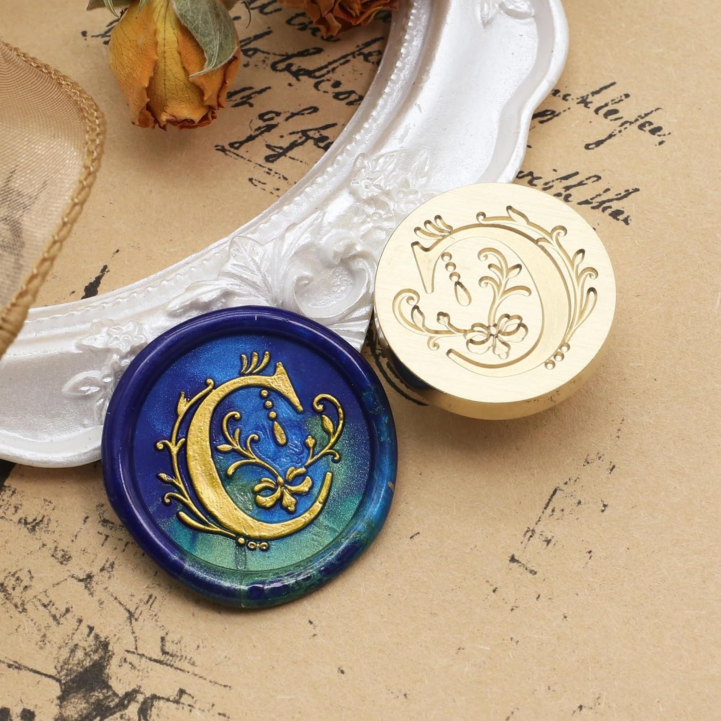 SWANGSA Initial Alphabet C Wax Seal Stamp Kit, Classic Retro Letter Sealing Stamp with 200pcs Sealing Wax Beads Kit for Wedding Invitations Cards Envelopes (C)