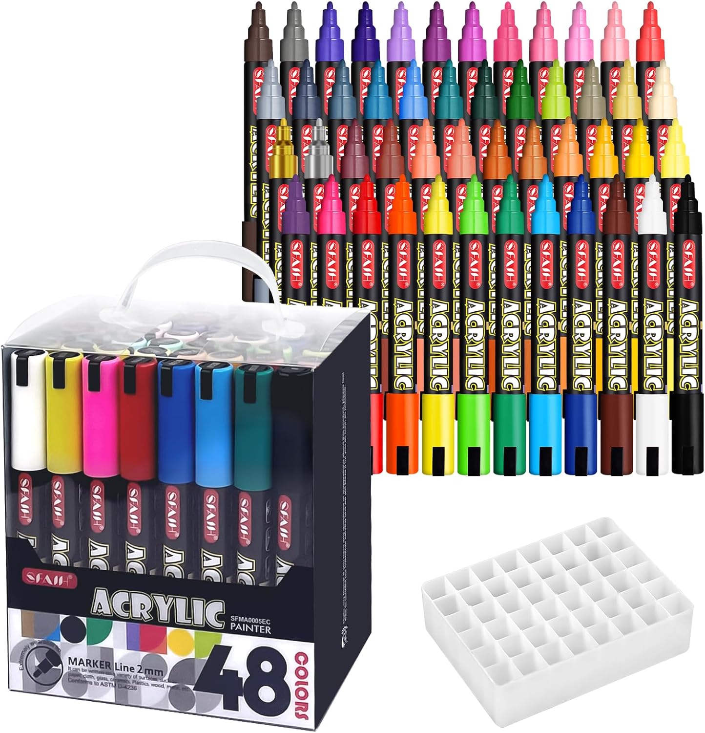 SFAIH Halloween Gifts Acrylic Creative Markers Set of 48 with Organizer, 3mm Medium Tips - 48 Colors, Waterproof, Fast Drying, Gift for Kids and Adults - Art Supplies, Fabric Paint, Rock Painting