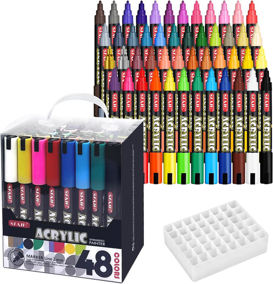 SFAIH Halloween Gifts Acrylic Creative Markers Set of 48 with Organizer, 3mm Medium Tips - 48 Colors, Waterproof, Fast Drying, Gift for Kids and Adults - Art Supplies, Fabric Paint, Rock Painting